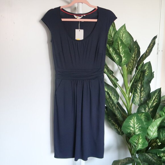Boden Navy Ruched Waist Cap Sleeve Dress Size 2R - Picture 2 of 8